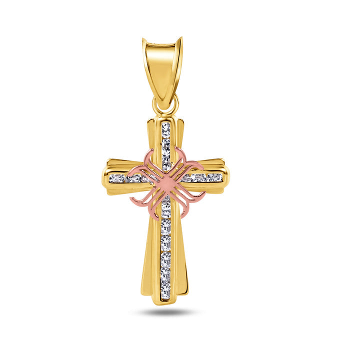 14 Karat Yellow Gold Cross Two Tone Clear CZ Pendant - 14P00071
