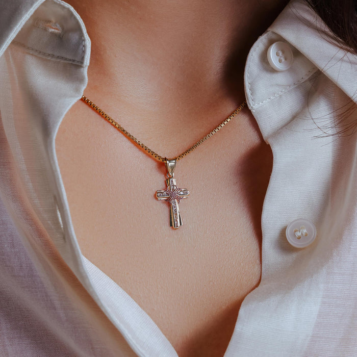 14 Karat Yellow Gold Cross Two Tone Clear CZ Pendant - 14P00071