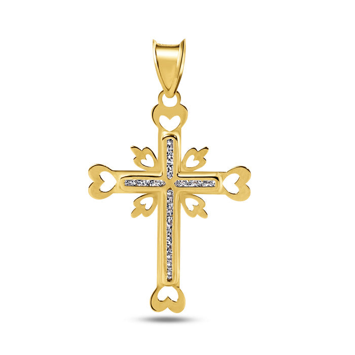 14 Karat Yellow Gold Cross Heart Cutout Clear CZ Pendant - 14P00072