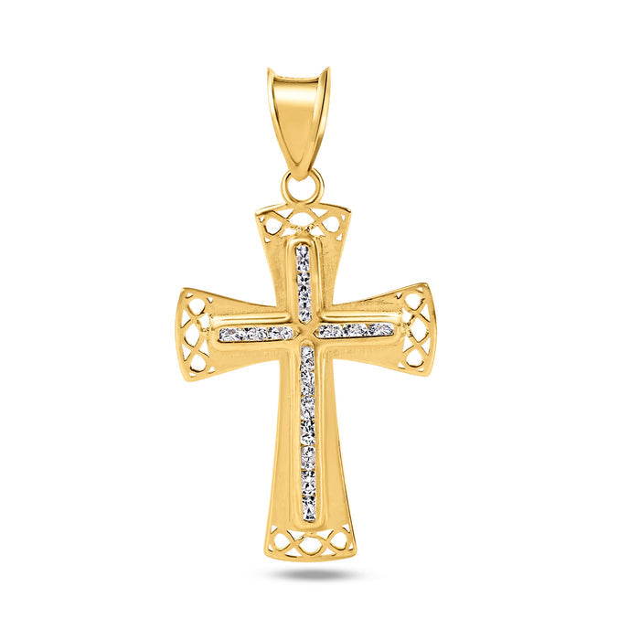 14 Karat Yellow Gold Bordered Cross Clear CZ Pendant - 14P00073