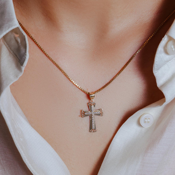 14 Karat Yellow Gold Bordered Cross Clear CZ Pendant - 14P00073