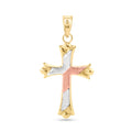 14 Karat Yellow Gold Tri Color 2-Sided Patterned Hollow Tube Cross Pendant - 14P00077