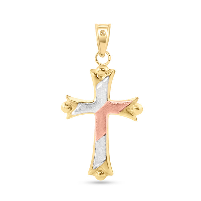 14 Karat Yellow Gold Tri Color 2-Sided Patterned Hollow Tube Cross Pendant - 14P00077