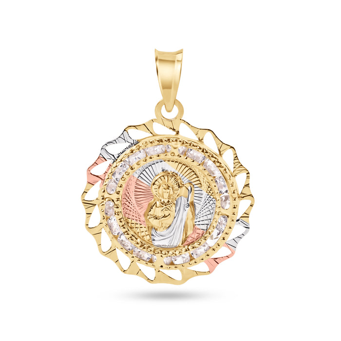 14 Karat Yellow Gold 2 Tone 20mm Diamond Cut Bezel Saint Jude Clear CZ Pendant - 14P00088