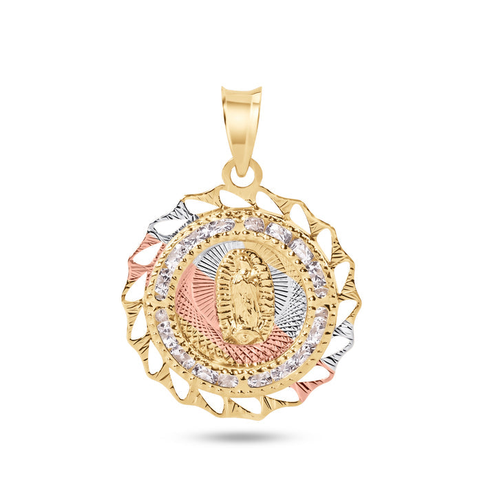 14 Karat Yellow Gold 2 Tone 20mm Diamond Cut Bezel Our Lady of Guadalupe Clear CZ Pendant - 14P00089
