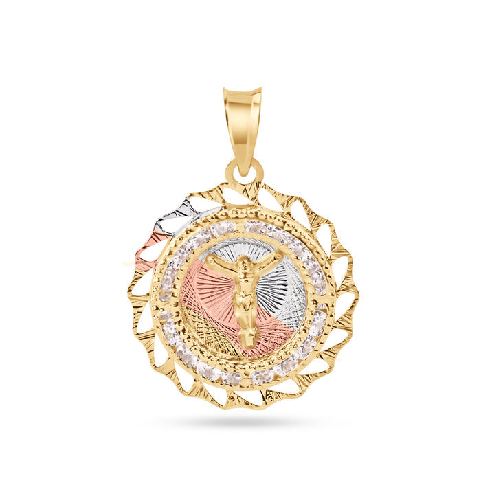 14 Karat Yellow Gold 2 Tone 20mm Diamond Cut Bezel Jesus Christ Clear CZ Pendant - 14P00090