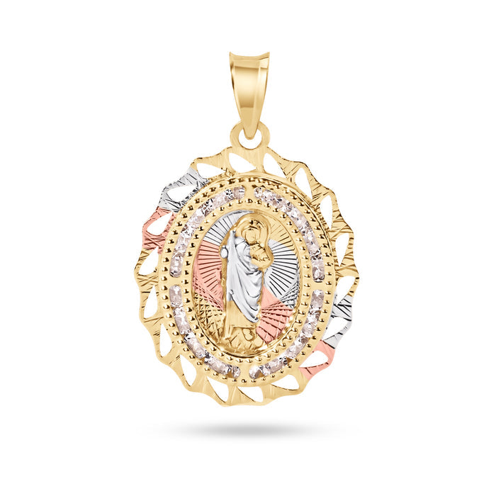 14 Karat Yellow Gold 2 Tone 20mm Diamond Cut Oval Bezel Saint Jude Clear CZ Pendant - 14P00093