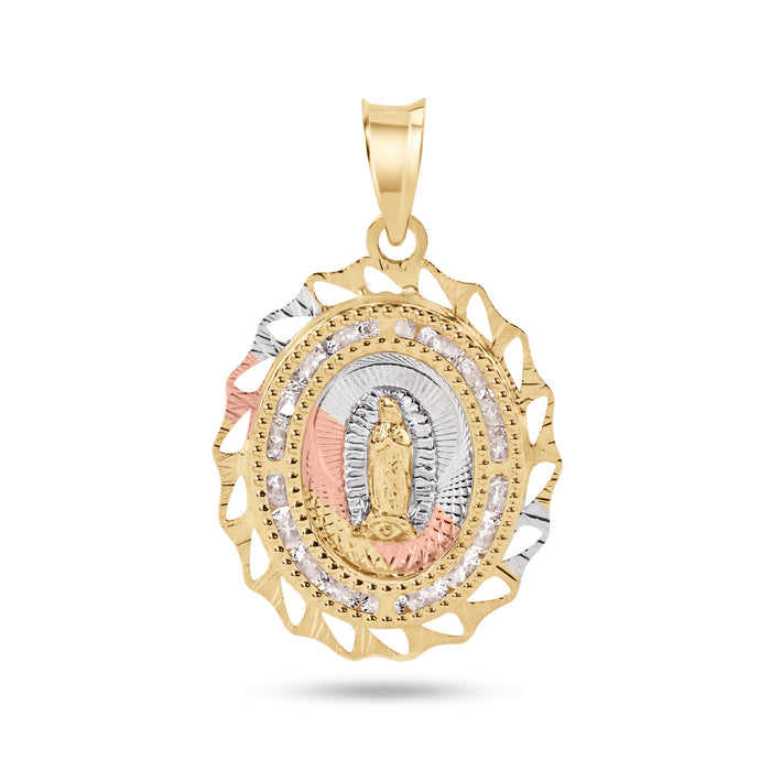 14 Karat Yellow Gold 2 Tone 20mm Diamond Cut Oval Bezel Our Lady of Guadalupe Clear CZ Pendant - 14P00095