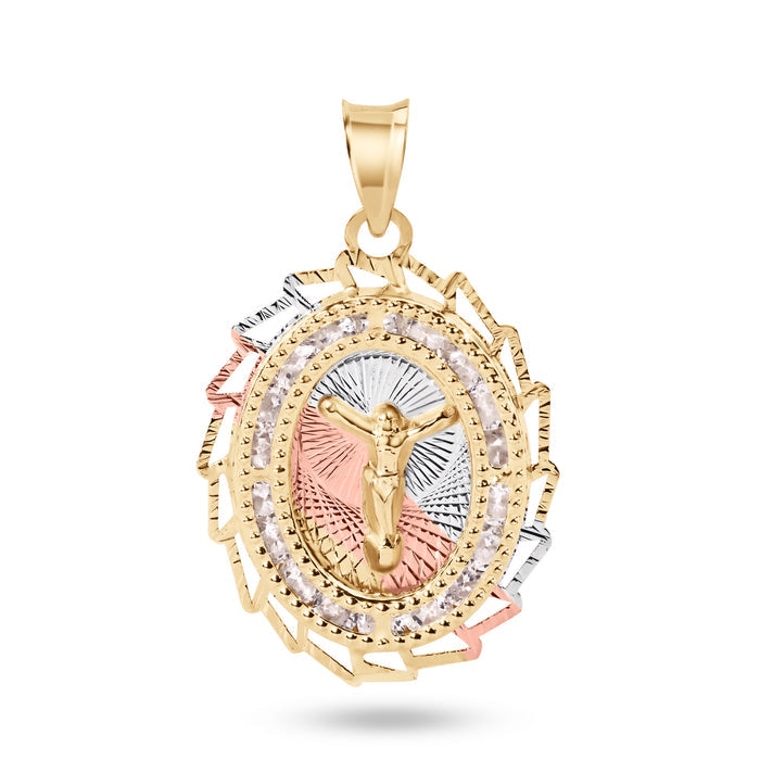 14 Karat Yellow Gold 2 Tone 20mm Diamond Cut Oval Sharp Edge Bezel Jesus Christ Clear CZ Pendant - 14P00097