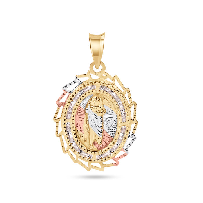 14 Karat Yellow Gold 2 Tone 20mm Diamond Cut Oval Sharp Edge Bezel Saint Jude Clear CZ Pendant - 14P00098
