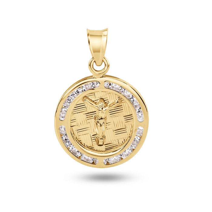 14 Karat Yellow Gold 16mm Round Jesus Christ Clear CZ Pendant - 14P00099