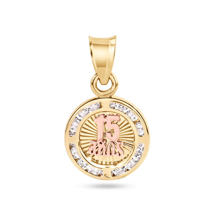 14 Karat Yellow Gold 11.5mm Quinceañera 15 Anos Diamond Cut Clear CZ Pendant - 14P00110