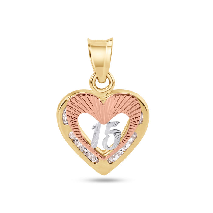 14 Karat Yellow Gold Heart 2 Tone Quinceañera 15 Anos Diamond Cut Clear CZ Pendant - 14P00115