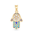 14 Karat Yellow Gold Hamsa Enamel Turquoise and Blue with Clear CZ Pendant - 14P00116