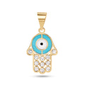 14 Karat Yellow Gold Hamsa Enamel Turquoise and White with Clear CZ Pendant - 14P00117