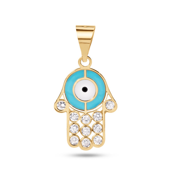 14 Karat Yellow Gold Hamsa Enamel Turquoise and White with Clear CZ Pendant - 14P00117