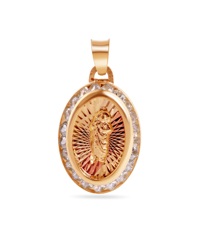14 Karat Yellow Gold 3 Tone Diamond Cut CZ St. Jude Medallion Pendant - 14P00122