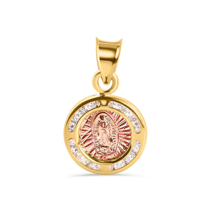 14 Karat Yellow Gold Round Our Lady of Guadalupe Two Tone Diamond Cut Clear CZ 11mm Pendant - 14P00124