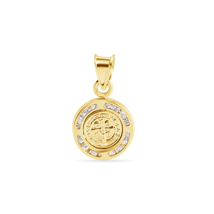 14 Karat Yellow Gold Round Saint Benedict Medal Prayer Clear CZ 11mm Pendant - 14P00125