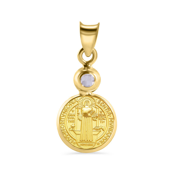 14 Karat Yellow Gold Round Saint Benedict Medal Prayer Clear CZ 10.7mm Pendant - 14P00126