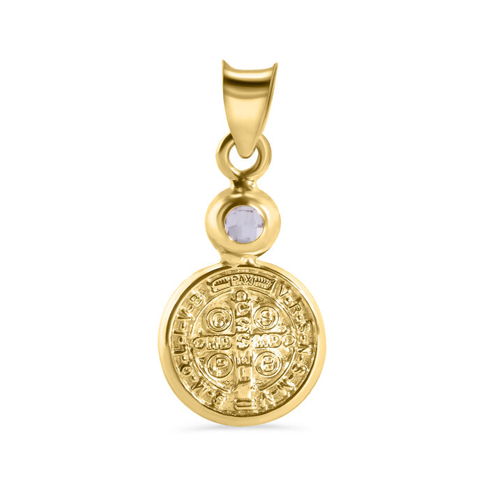 14 Karat Yellow Gold Round Saint Benedict Medal Prayer Clear CZ 10.7mm Pendant - 14P00126