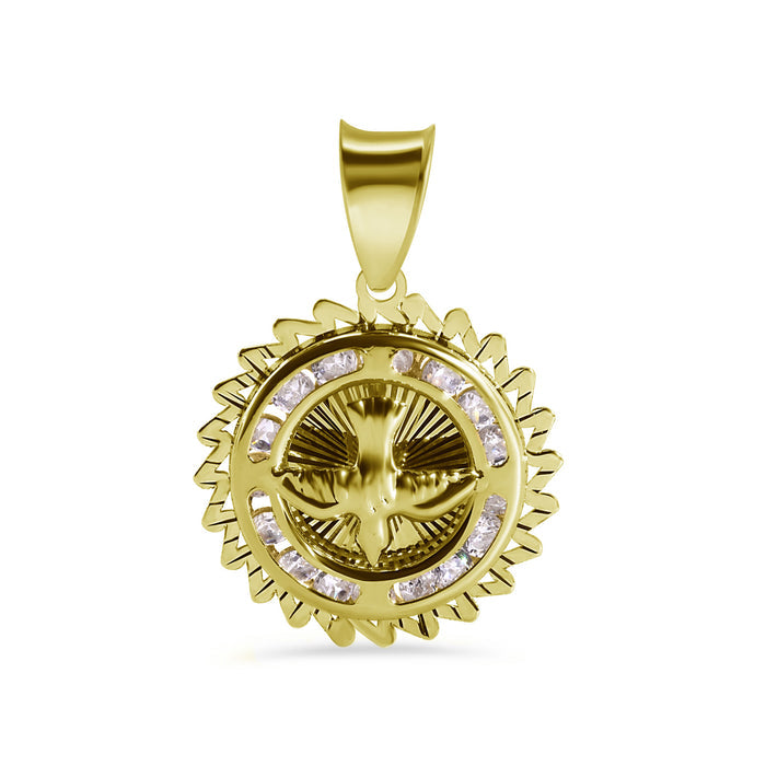 14 Karat Yellow Gold Round Holy Spirit Dove Diamond Cut Edge Clear CZ 13.6mm Pendant - 14P00129