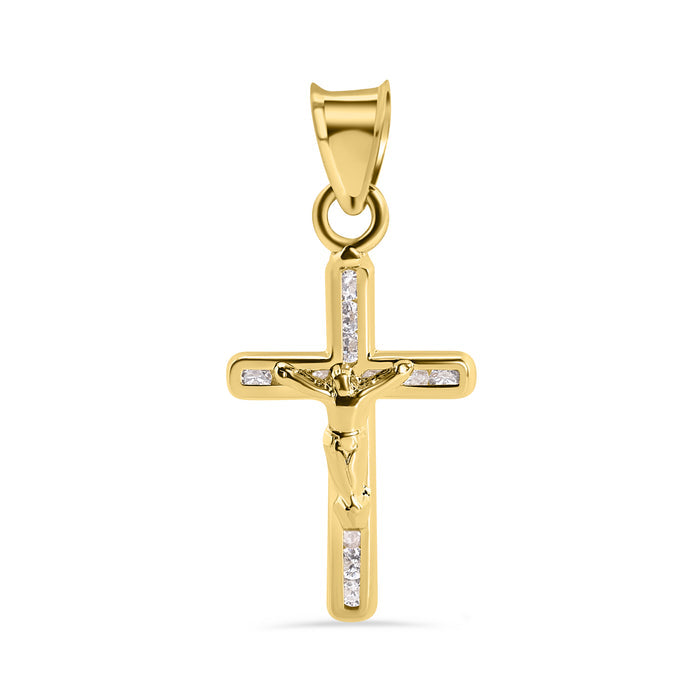 14 Karat Yellow Gold Cross Jesus Christ Clear CZ Pendant - 14P00147