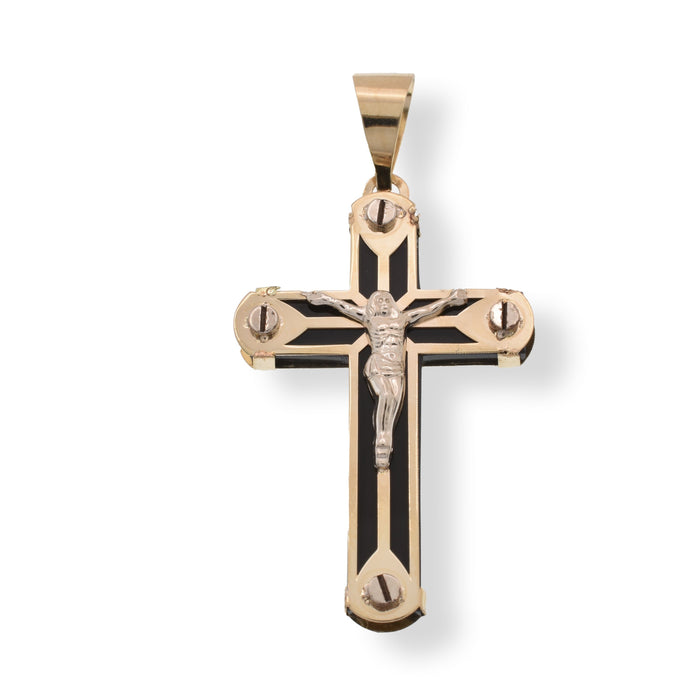 14 Karat Yellow Gold Cross Jesus Christ Black Enamel 18.3mm x 30.5mm Pendant - 14P00170