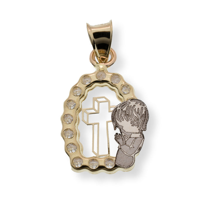 14 Karat Yellow Gold Oval Praying Child Diamond Cut Cross Clear CZ 11.9mm x 15.5mm Pendant - 14P00175