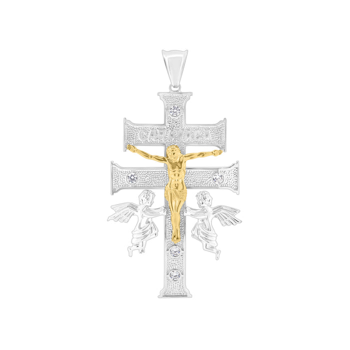 925 Sterling Silver 2 Toned Plated Caravaca Cross Clear CZ Pendant - GMP00116RG