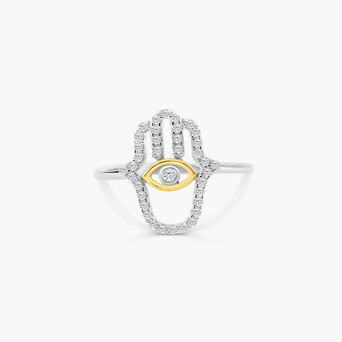 Silver 925 2 Toned Plated Hamsa Hand Clear CZ Ring - BGR01359 | Silver Palace Inc.