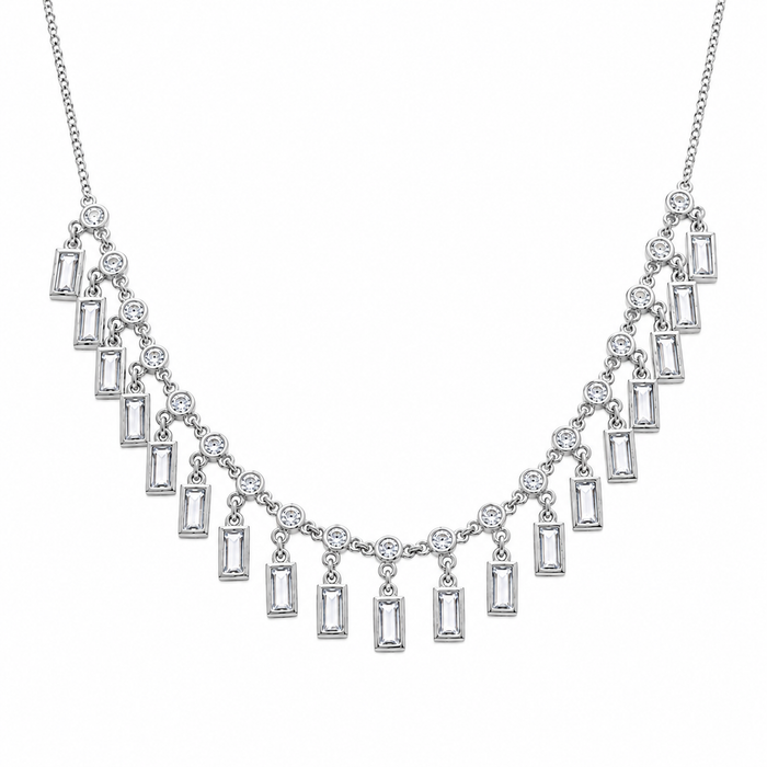 925 Sterling Silver Dangling Baguette and Round CZ Cascading Fringe Necklace - STP01812
