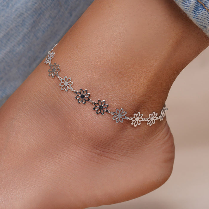 Silver 925 High Polished Outline Flower Link Anklets - DIA00007 | Silver Palace Inc.