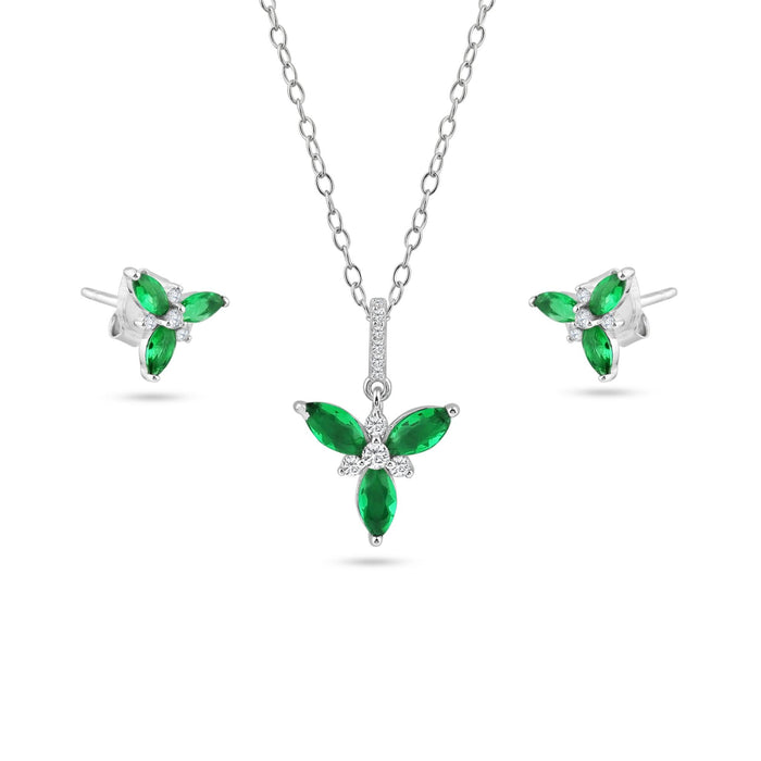 Silver 925 Rhodium Flower Green and Clear CZ Earring and Pendant Set - BGS00624 | Silver Palace Inc.