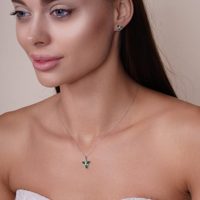 925 Sterling Silver Rhodium Flower Green and Clear CZ Earring and Pendant Set - BGS00624