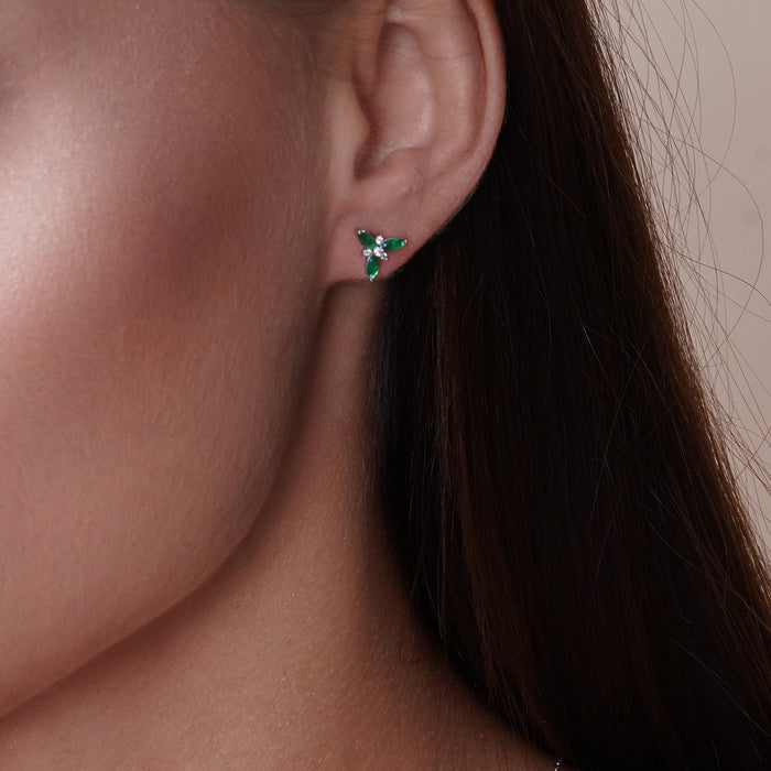 925 Sterling Silver Rhodium Flower Green and Clear CZ Earring and Pendant Set - BGS00624