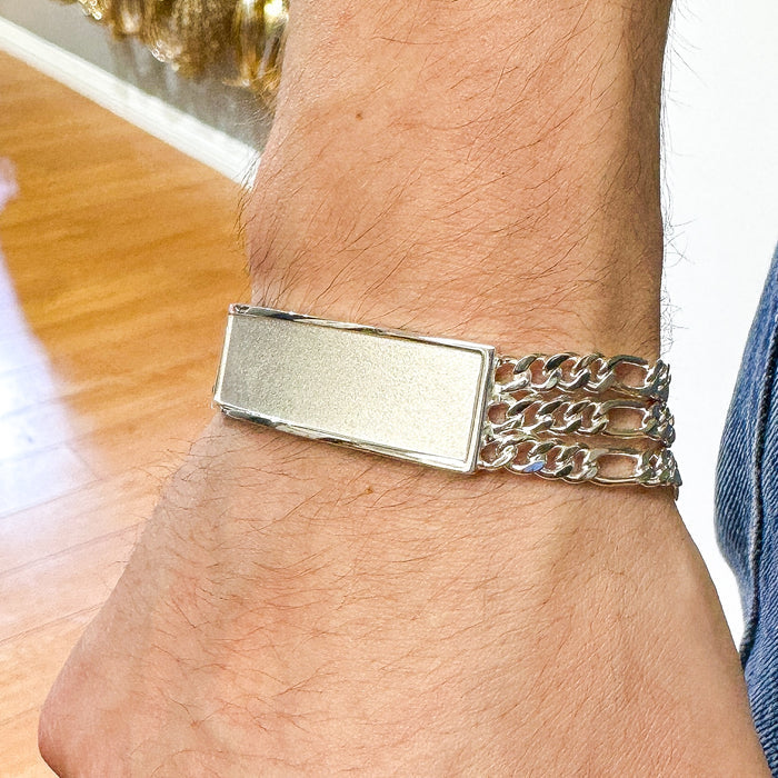925 Sterling Silver Three Strand Figaro 14.4mm Textured ID Bracelet - CDIB00005
