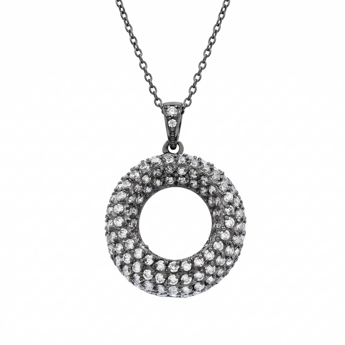 Black Rhodium 925 Sterling Silver Clear CZ Open Circle Pendant Necklace - BGP00694