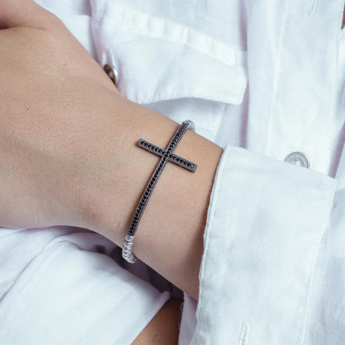 Black Rhodium Plated 925 Sterling Silver Sideways Cross CZ Gray Beads Bracelet - BGB00123