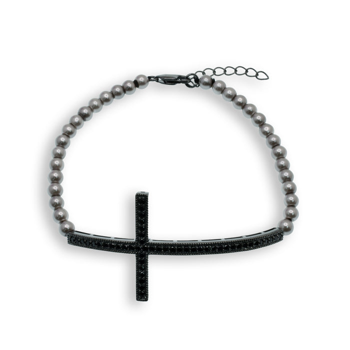 Black Rhodium Plated 925 Sterling Silver Sideways Cross CZ Gray Beads Bracelet - BGB00123