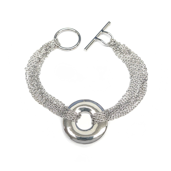 Clearance - Rhodium Plated 925 Sterling Silver Multiple Chains Round Disc Bracelet - DSB00004L