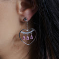 Clearance - Silver 925 Rhodium Plated Open Heart Dangling 3 Pink Crystals Earrings - STE00120