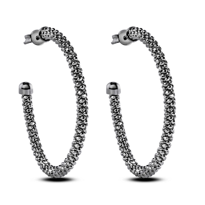 Clearance - Sterling 925 Sterling Silver Blk Rhodium Plated Beaded Semi Hoop Earrings - ITE00045BLK