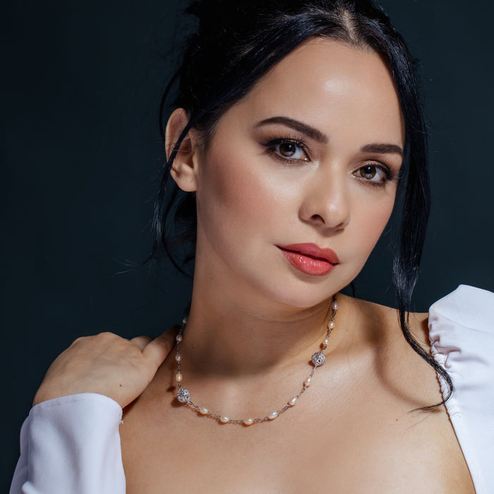 Clearance Rhodium Plated Pearl and CZ Bead Necklace - SPN00024