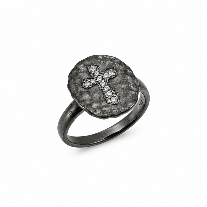 Clearance-Black Rhodium Plated 925 Silver Clear CZ Cross Hammered Ring - STR00625