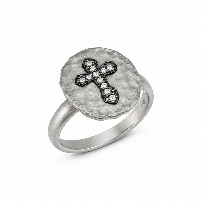 Clearance-Black Rhodium Plated 925 Silver Clear CZ Cross Hammered Ring - STR00625