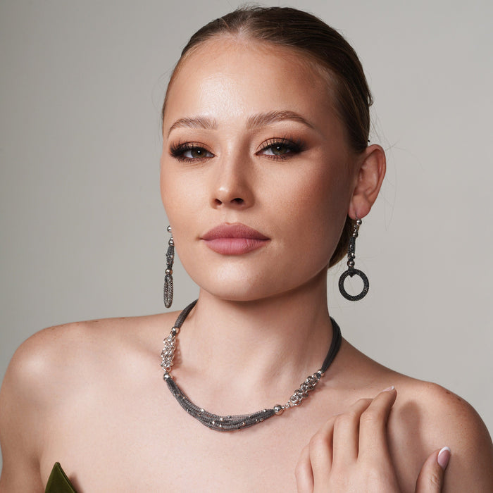 Clearance Black Rhodium Plated 925 Sterling Silver Multi Mesh Strands with Chain Links and Beaded Accent Necklace - ECN00012