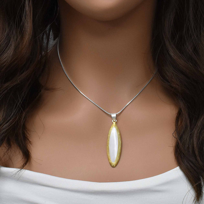 Clearance-Gold Plated 925 Sterling Silver Matte Finish Cat Eye Shape Pearl Pendant - SPP00008PNK