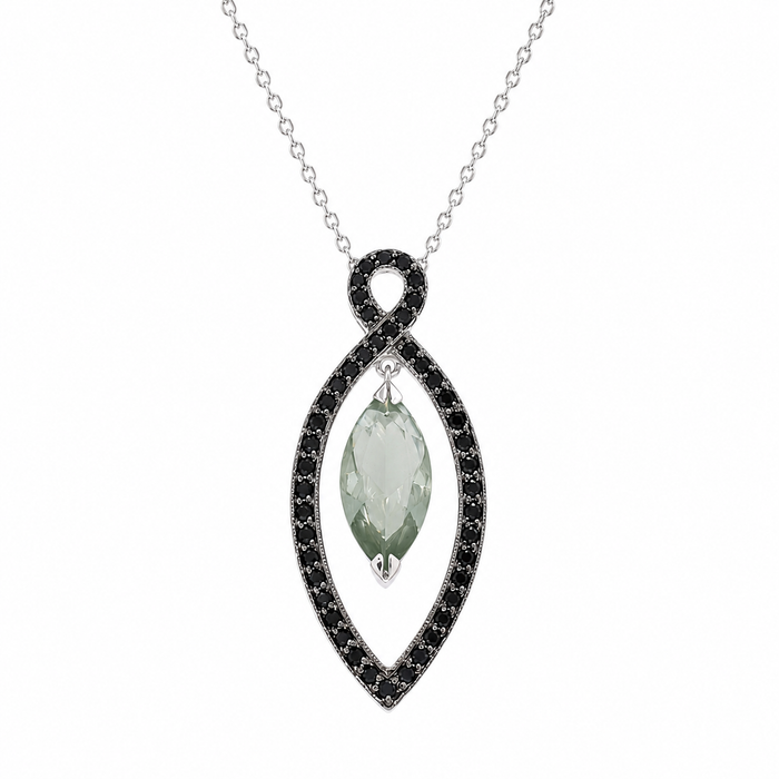 Clearance-Rhodium Plated 925 Silver Open Teardrop Black & Green CZ Pendant Necklace - BGP00237