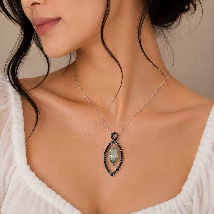Clearance-Rhodium Plated 925 Silver Open Teardrop Black & Green CZ Pendant Necklace - BGP00237